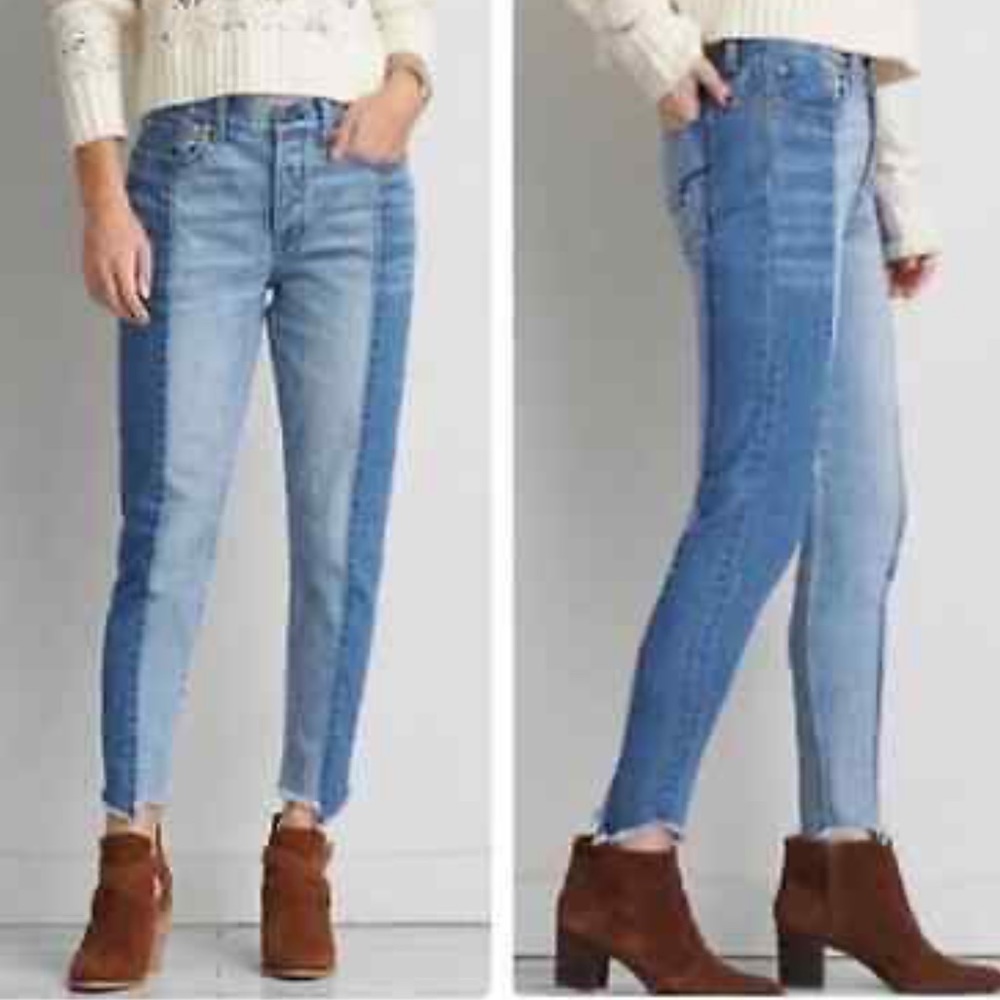 AMERICAN EAGLE Vintage Hi-Rise two-tone Jeans Button fly Chewed hem Rigid denim